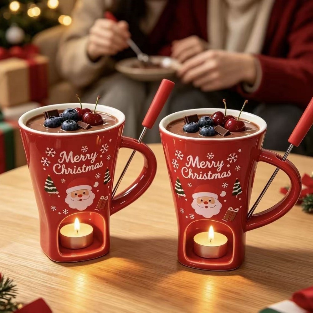 Fondue Pot Ceramic - セラミック製チョコレート溶解カップ。耐熱性があり、フォーク付き。チョコレートフォンデュマグ、ヨーロッパ風キャンドルポット、セラミック製キャンドルウォーマー、テーブルウェア。