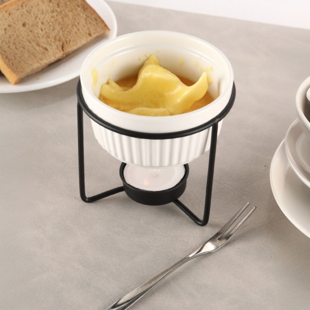 Fondue Pot Ceramic - セラミックバターウォーマー フォンデュポット 安定した金属製ラック 電子レンジ対応 チーズ溶解ポット 均一に加熱