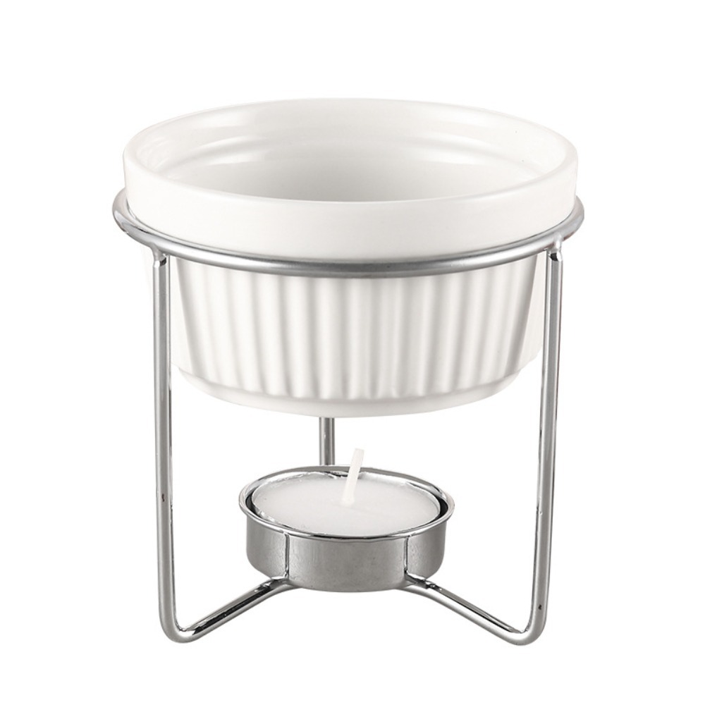Fondue Pot Ceramic - セラミック製バター加熱器、フォンデュ鍋、安定した金属製スタンド、電子レンジ対応、チーズを均一に溶かせる、取り外し可能。