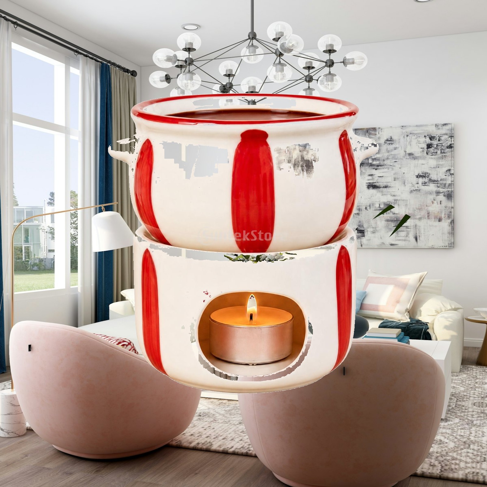 Fondue Pot Ceramic - 手描きのセラミック製チョコレートフォンデュポット。フルーツに浸すのに最適。
