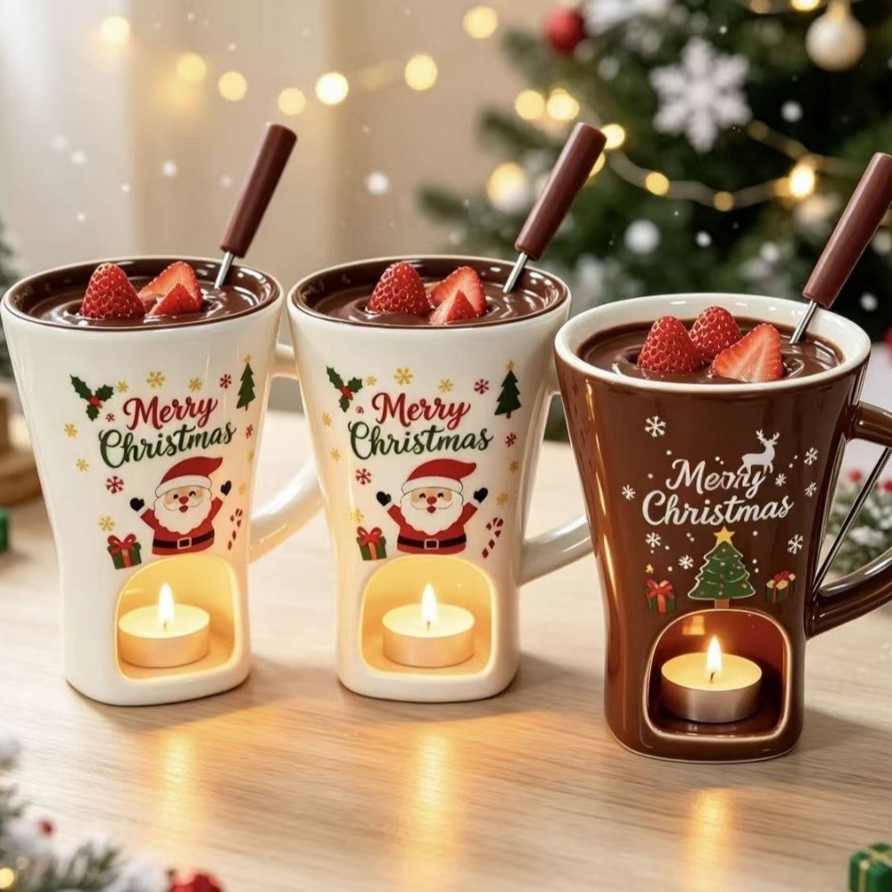Fondue Pot Ceramic - セラミック製チョコレートメルティングカップ（フォーク付き）耐熱チョコレートフォンデュマグキャンドルポットヨーロッパ風セラミックキャンドルウォーマー
