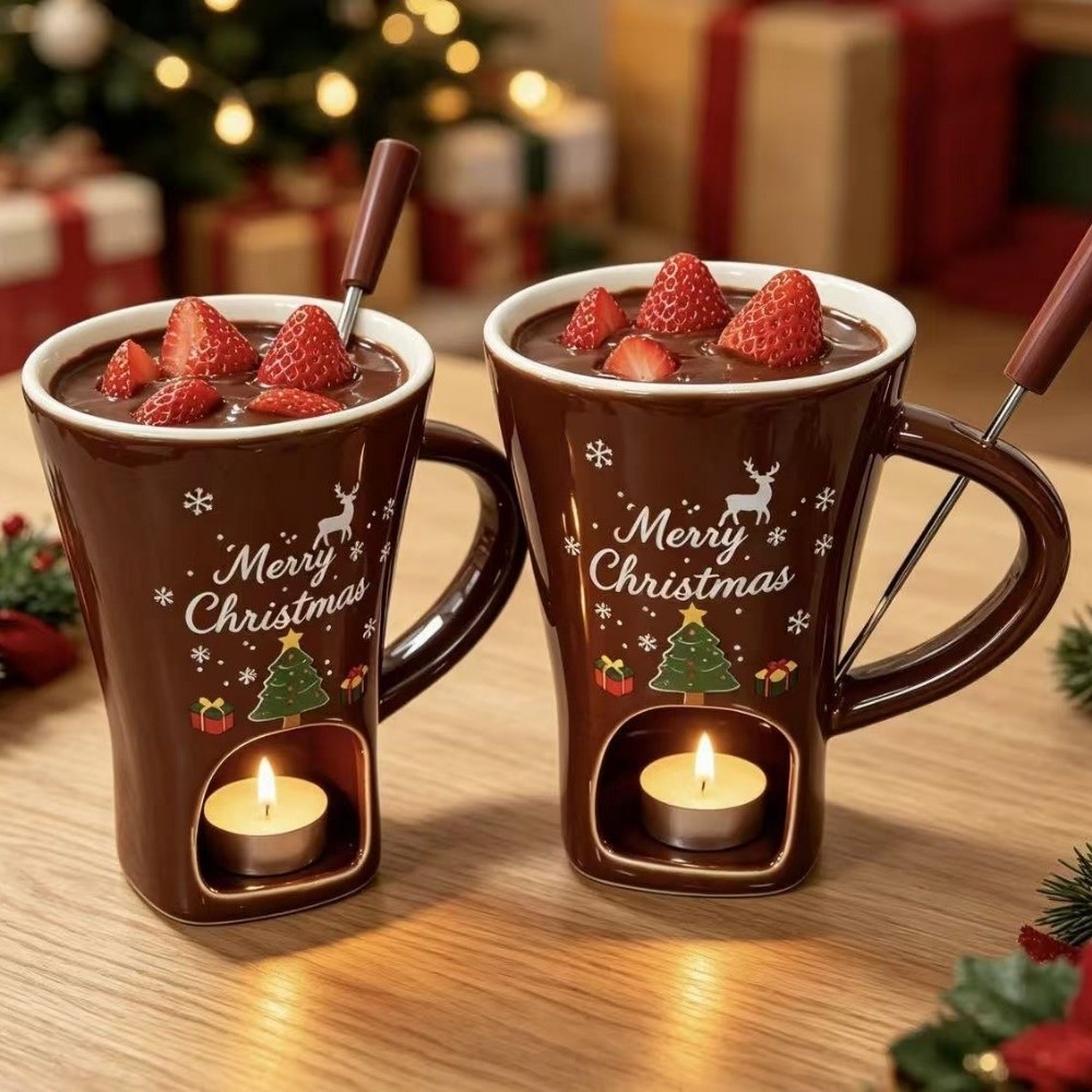 セラミック製チョコレート溶解カップ。耐熱性があり、フォーク付 - Fondue Pot Ceramic のレビューと価格