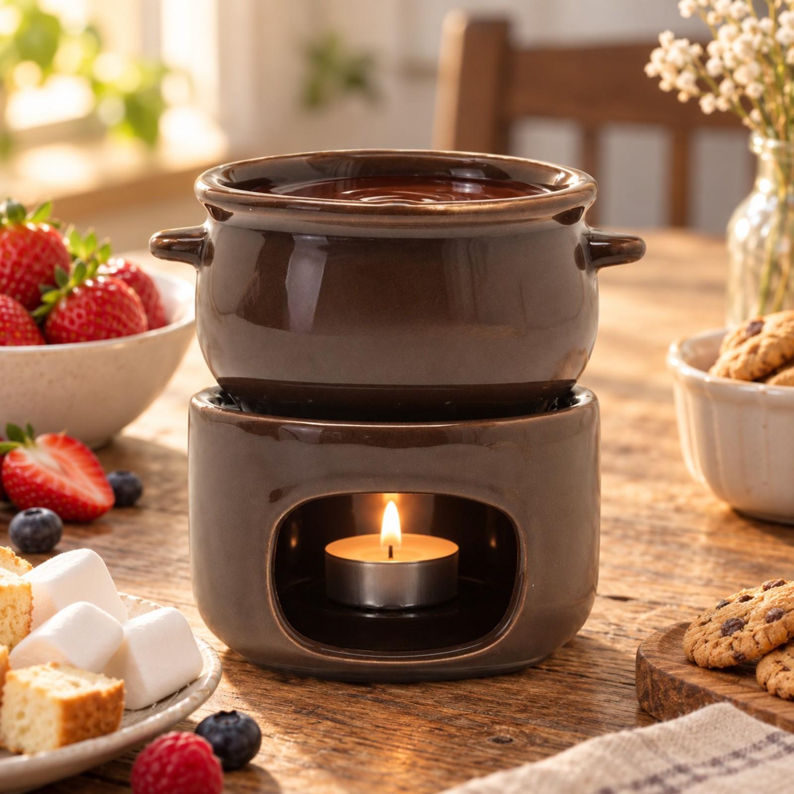 キャンドルで温めるセラミック製の溶かし器。フォーク付き。スイ - Fondue Pot Ceramic のレビューと価格